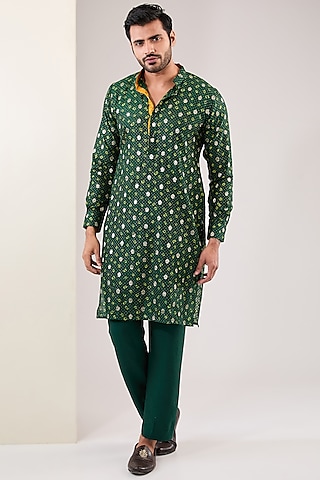 Emerald Green Bandhani Zari & Sequins Embroidered Kurta Set by Rabani & Rakha Men